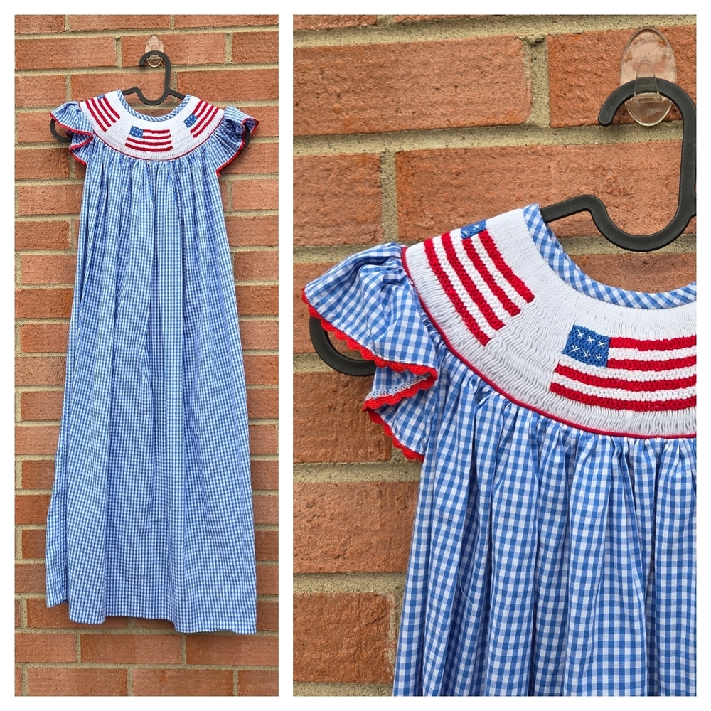 Pleats and Stitches Flag Smocked Dress in Light Blue Gingham Size 10